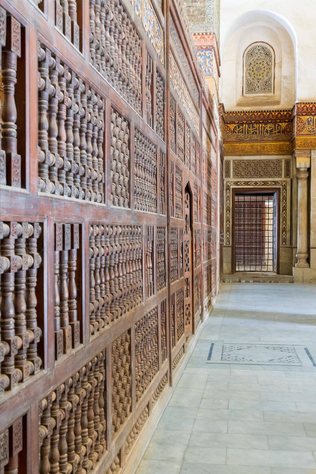 Interior view of decorated marble walls surrounding the cenotaph in the mausoleum of Sultan Qalawun, part of Sultan Qalawun Complex, located in Al Moez Street, Old Cairo, Egypt