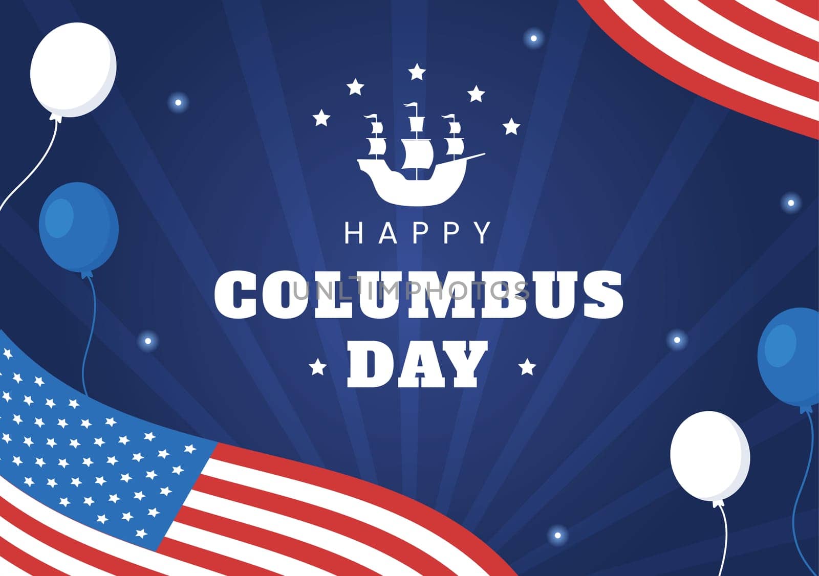 Happy Columbus Day National Holiday Hand Drawn Cartoon Illustration with Blue Waves, Compass, Ship and USA Flags in Flat Style Background