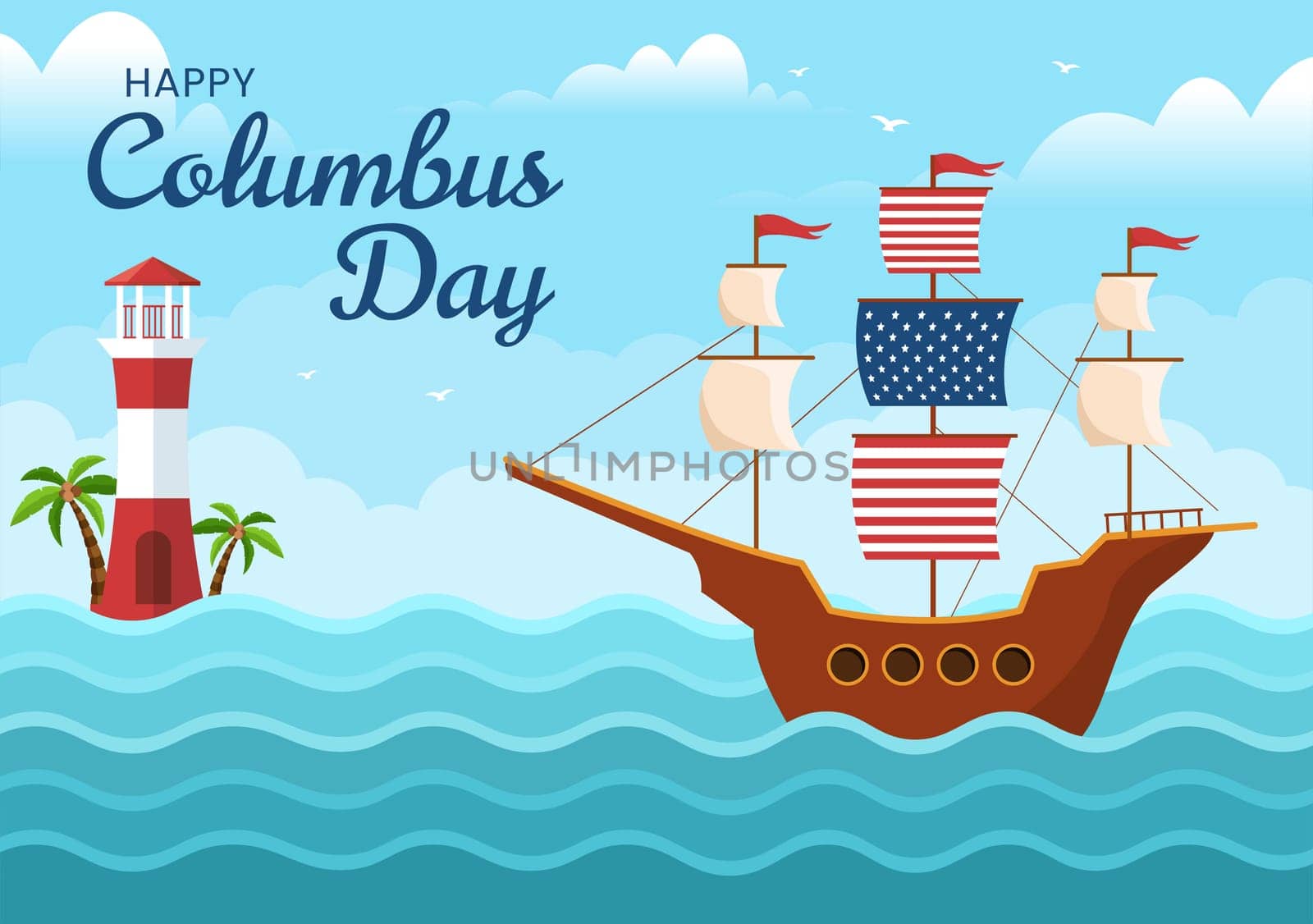 Happy Columbus Day National Holiday Hand Drawn Cartoon Illustration with Blue Waves, Compass, Ship and USA Flags in Flat Style Background