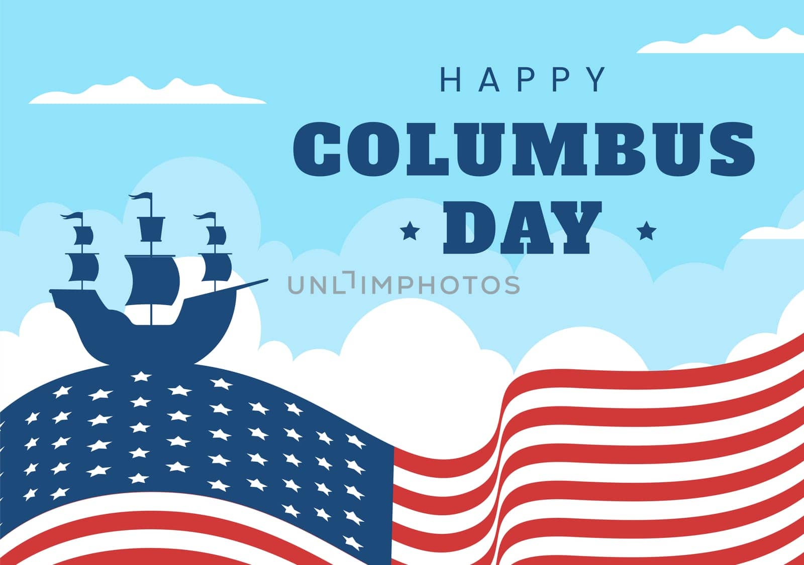 Happy Columbus Day National Holiday Hand Drawn Cartoon Illustration with Blue Waves, Compass, Ship and USA Flags in Flat Style Background