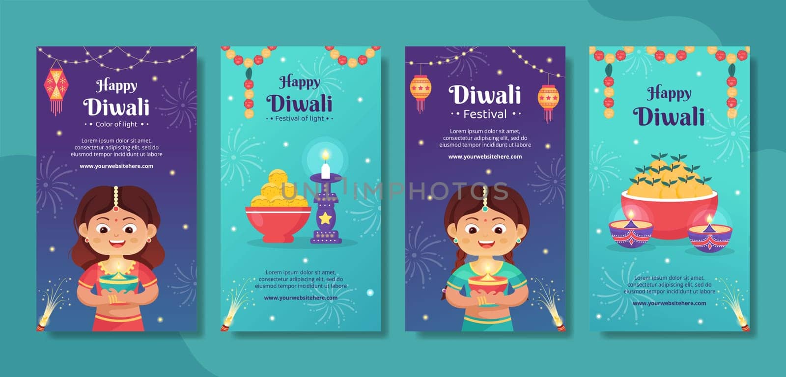 Indian Celebrating Diwali Day Social Media Stories Template Hand Drawn Cartoon Flat Illustration