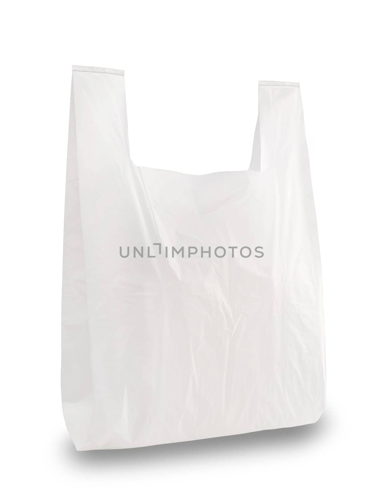 Plastic grocery bag. Close up of empty white plastic bag with space for your logo. Isolated on white background. Disposable plastic bag with handles.