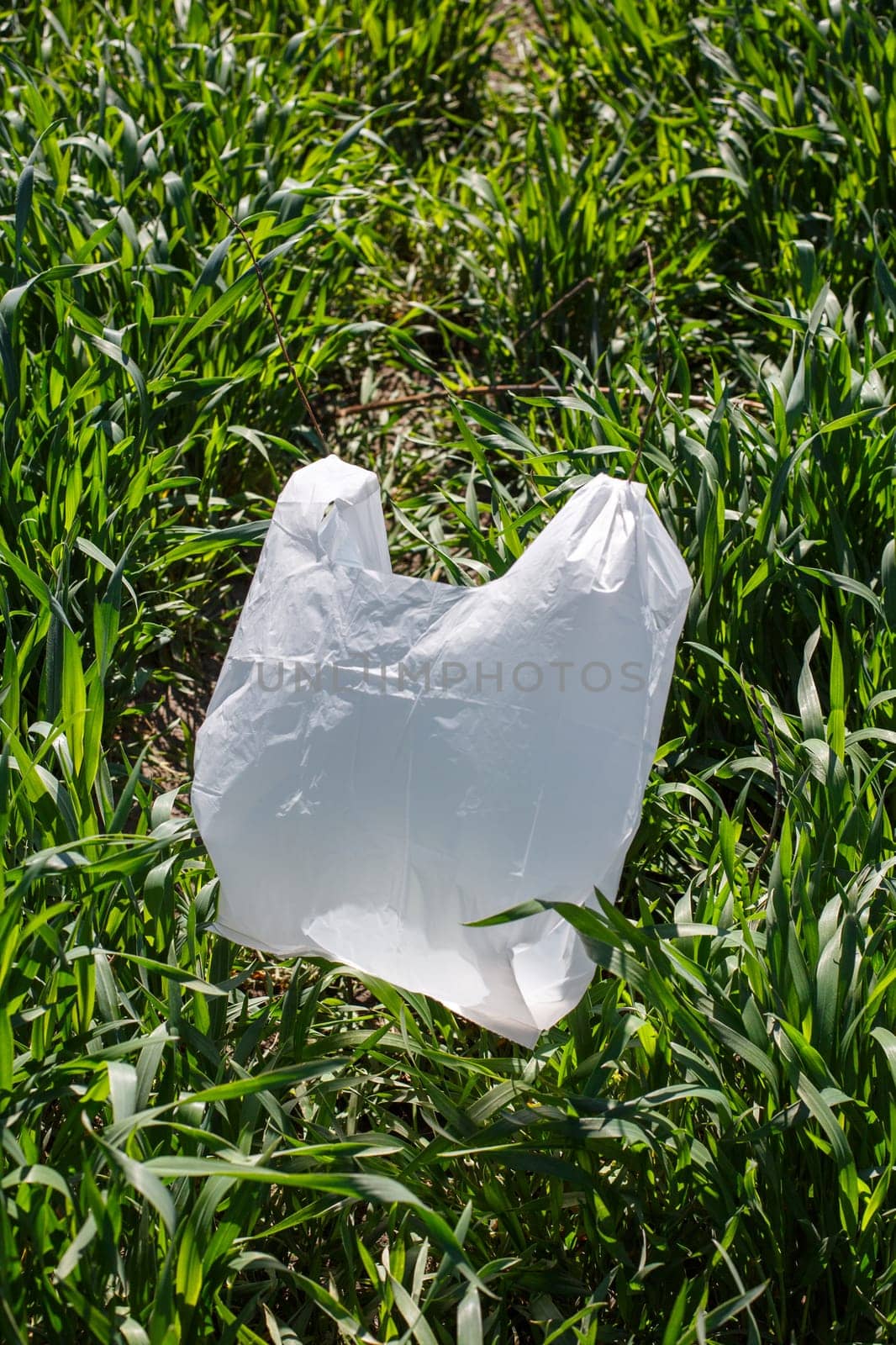 Stop using plastic products. Close up shot on green grass lies white biodegradable bag which is alternative to regular plastic bags. Ecology problems and environmental pollution concept.