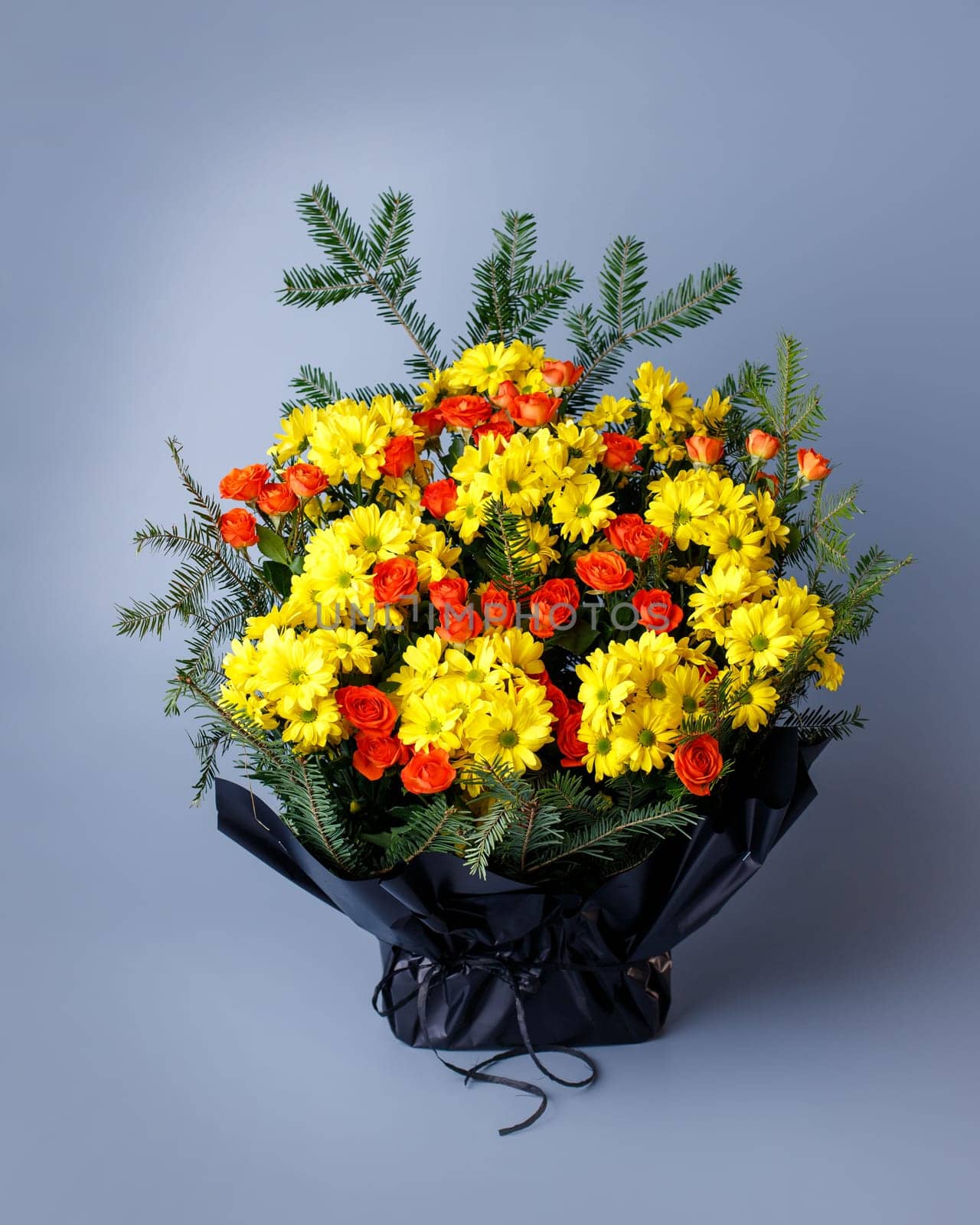 Original bouquet of small pink roses, yellow chrysanthemums and spruce twigs. Bouquet wrapped in black floral paper with ribbon standing on a blue background. Funeral bouquet