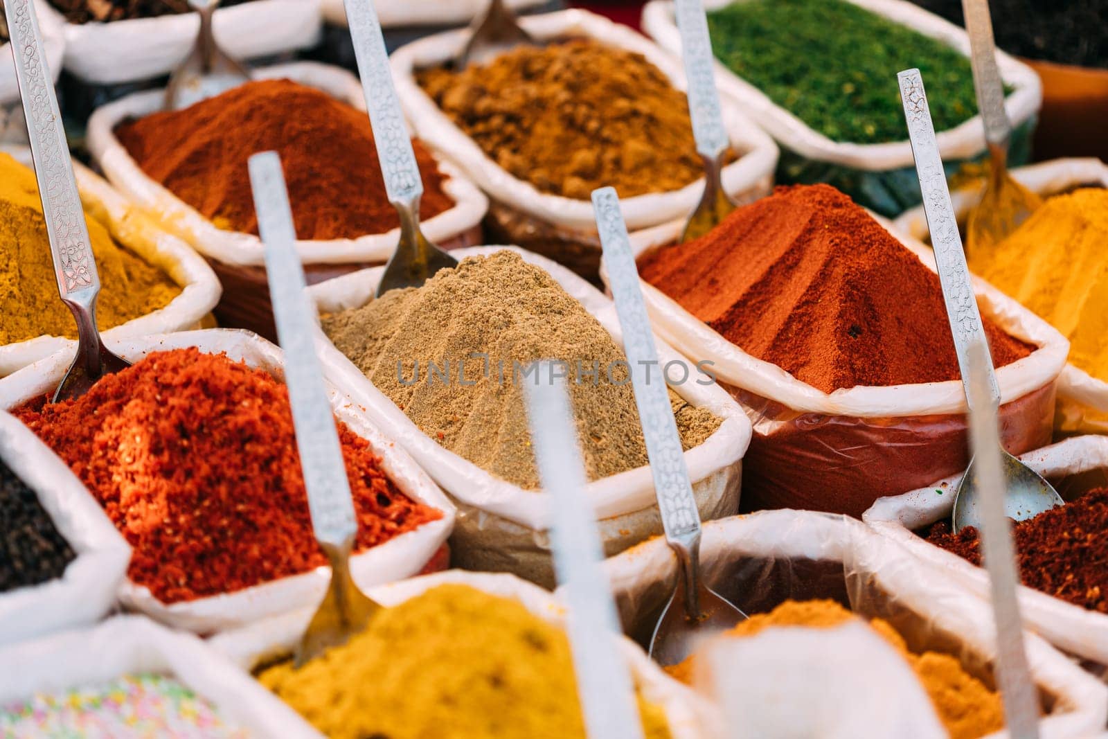 Close View Of Masala Curry, Bright Colors Fragrant Seasoning, Condiment In Bags On Local Food Market, Bazaar.