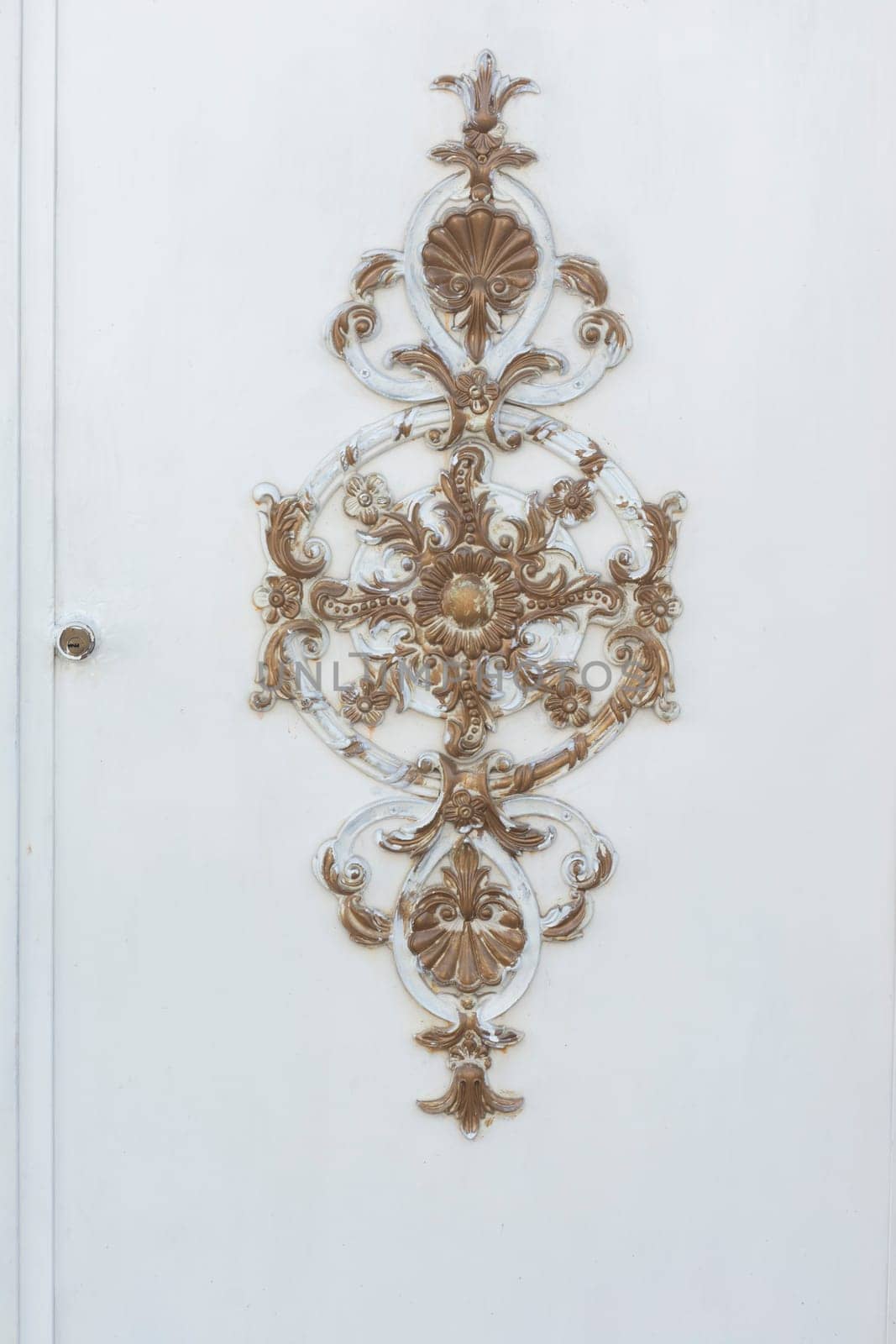 Entrance closed white door with beautiful pattern.