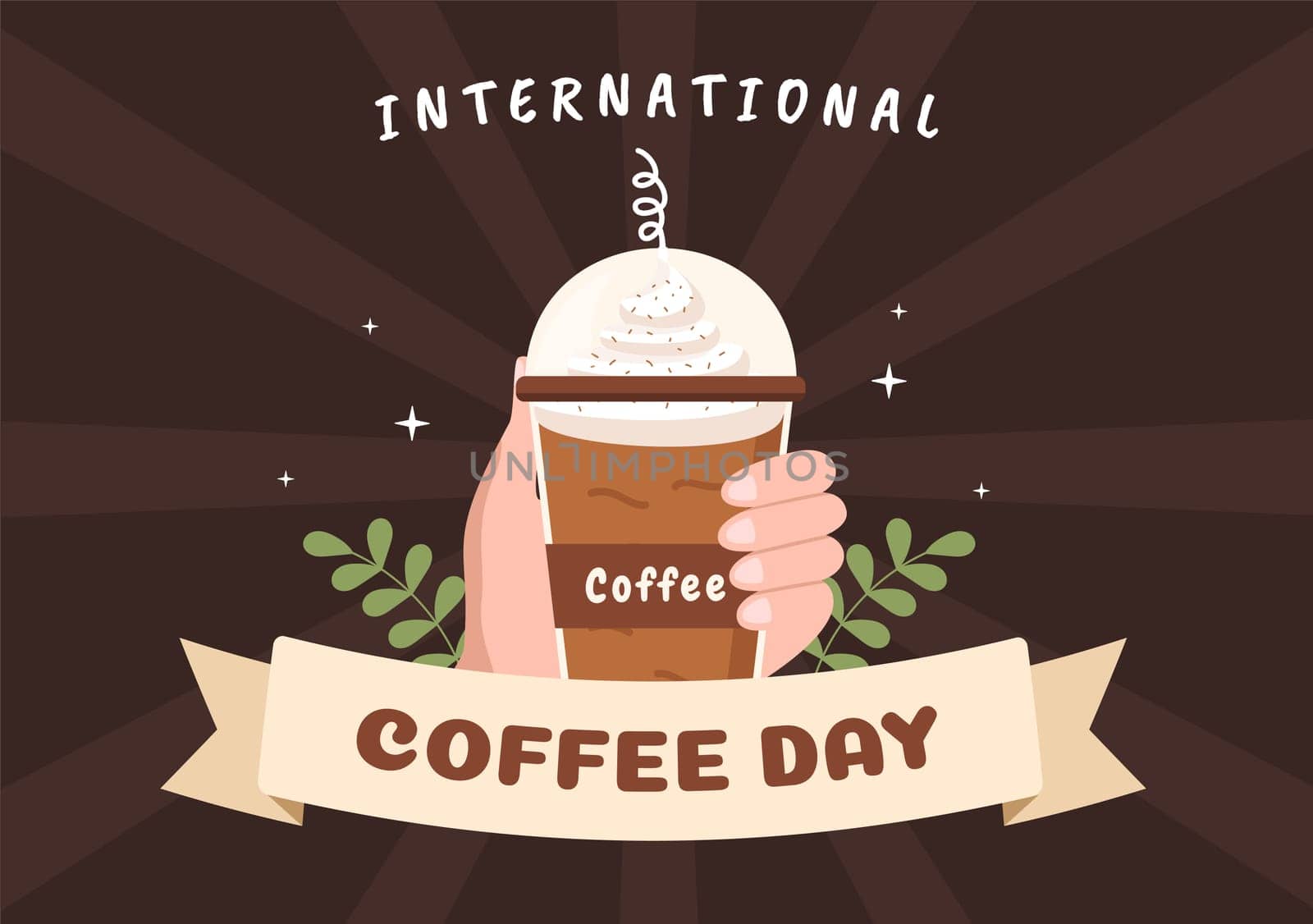 International Coffee Day on 1st October Hand Drawn Cartoon Flat Illustration with Cacao Beans and a Glass of Hot Drink Design
