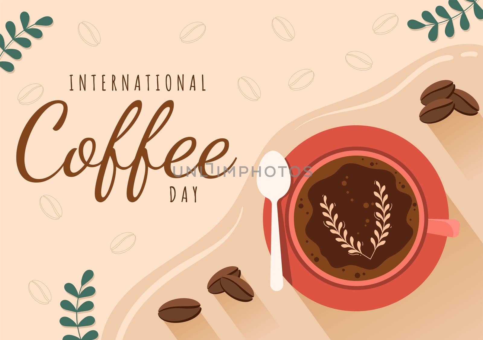 International Coffee Day on 1st October Hand Drawn Cartoon Flat Illustration with Cacao Beans and a Glass of Hot Drink Design