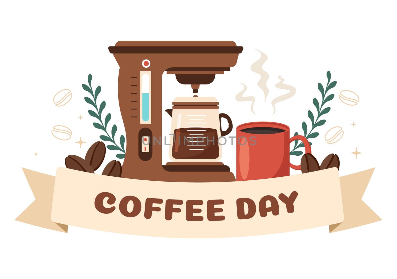 International Coffee Day on 1st October Hand Drawn Cartoon Flat Illustration with Cacao Beans and a Glass of Hot Drink Design