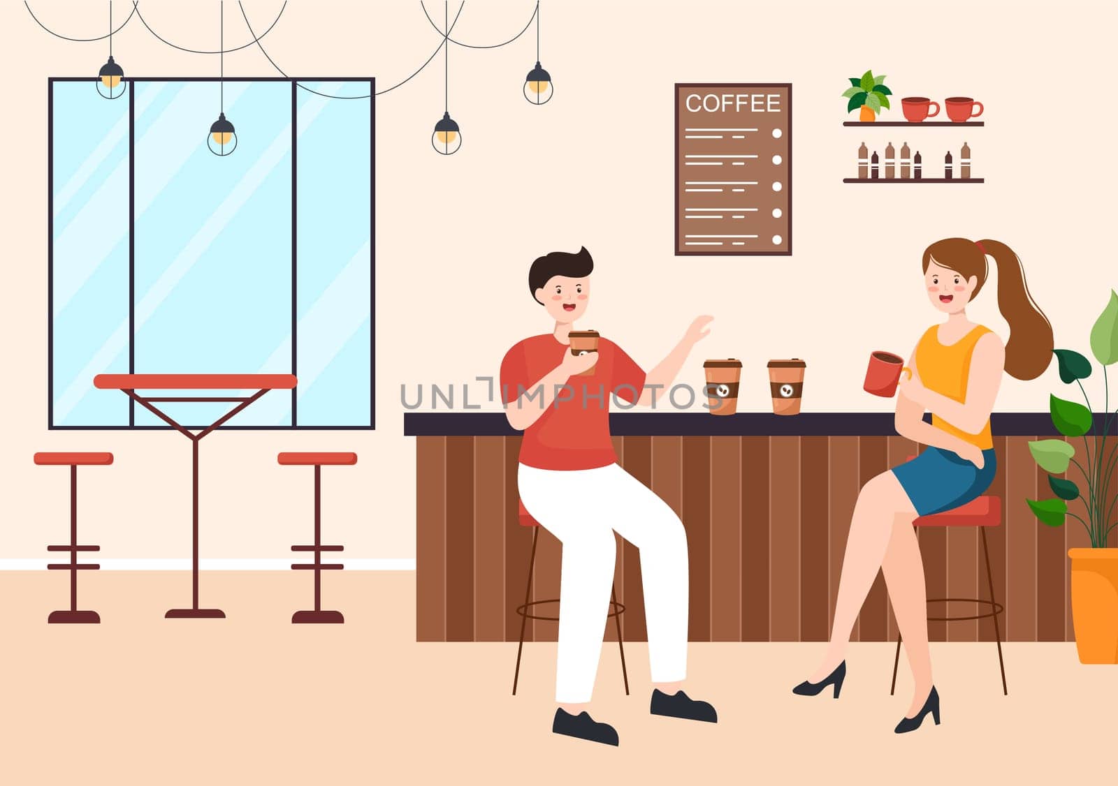 International Coffee Day on October 1st Flat Cartoon Illustration Hand Drawn with Cocoa Beans and People Drinking a Cup in Cafe