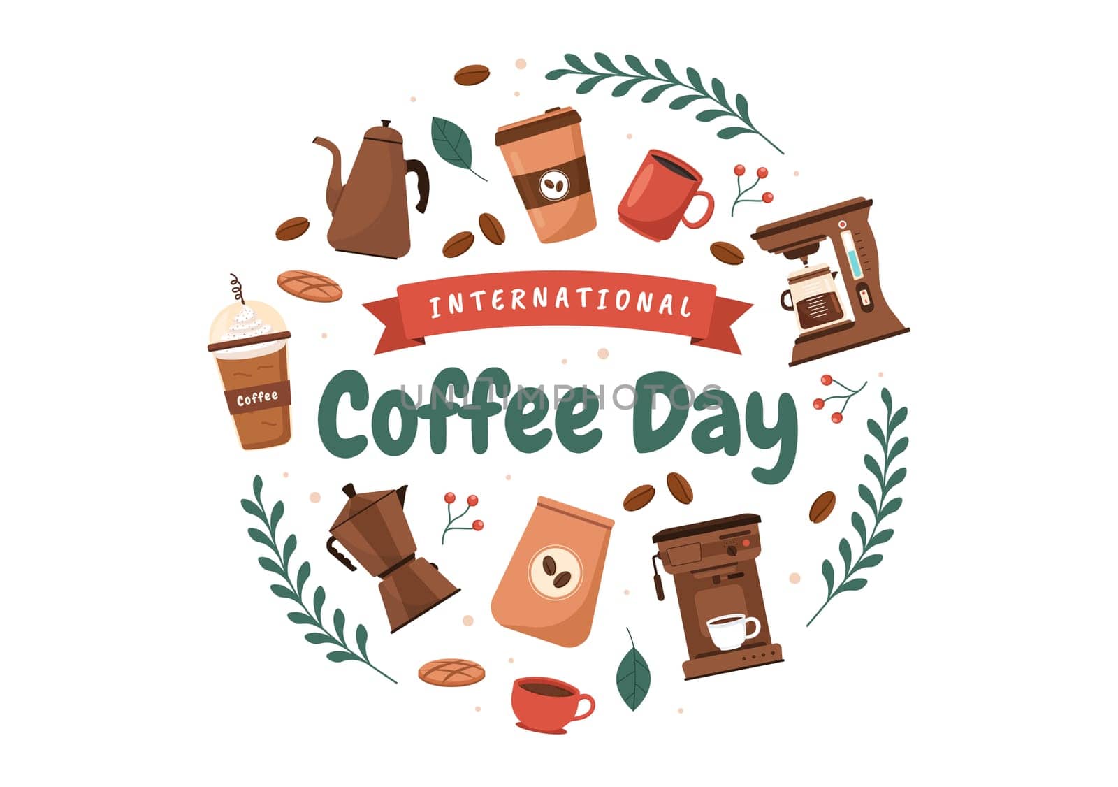 International Coffee Day on 1st October Hand Drawn Cartoon Flat Illustration with Cacao Beans and a Glass of Hot Drink Design