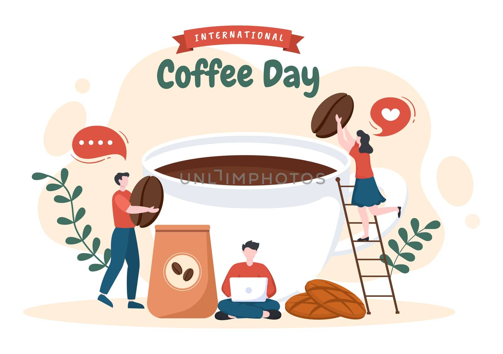 International Coffee Day on October 1st Flat Cartoon Illustration Hand Drawn with Cocoa Beans and People Drinking a Cup in Cafe