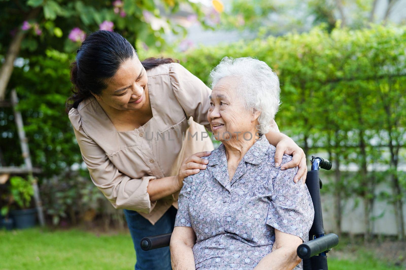 Caregiver help Asian elderly woman disability patient sitting on wheelchair in park, medical concept.
