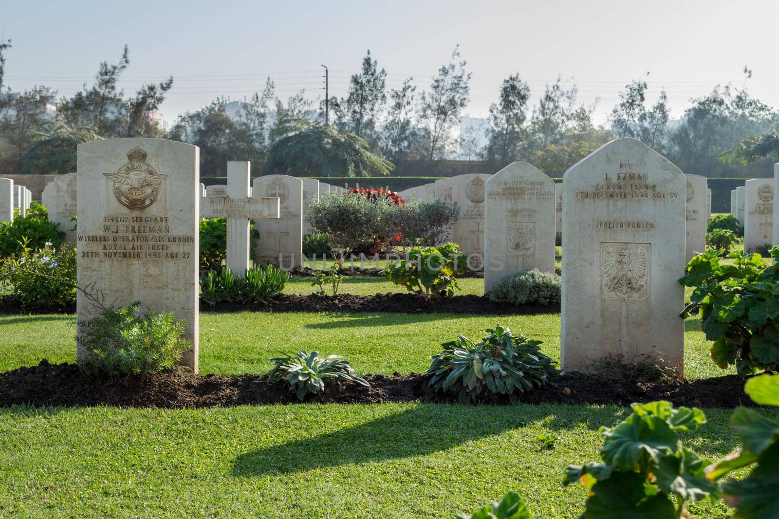 Cairo, Egypt - December 7, 2016: Heliopolis Commonwealth War Cemetery, contains 1742 burials of the Second World War, opened in October 1941
