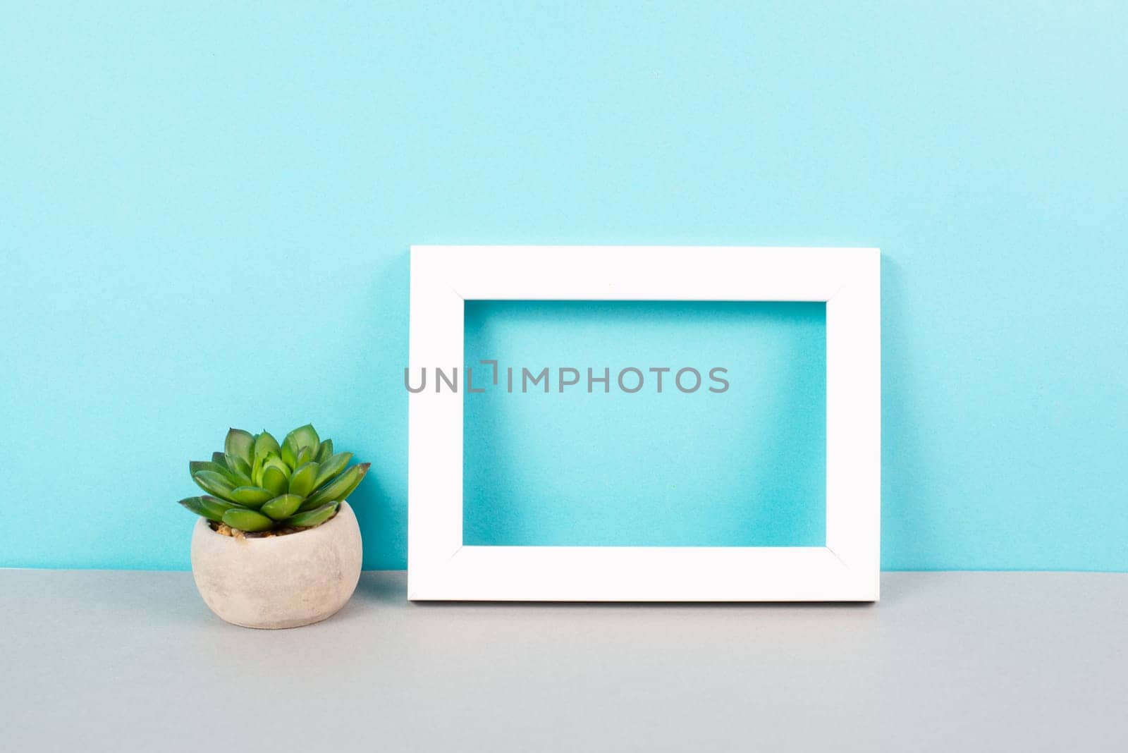 Home interior poster mock up with wooden frame, cactus in a pot, colored wall background, copy space for text and pictures