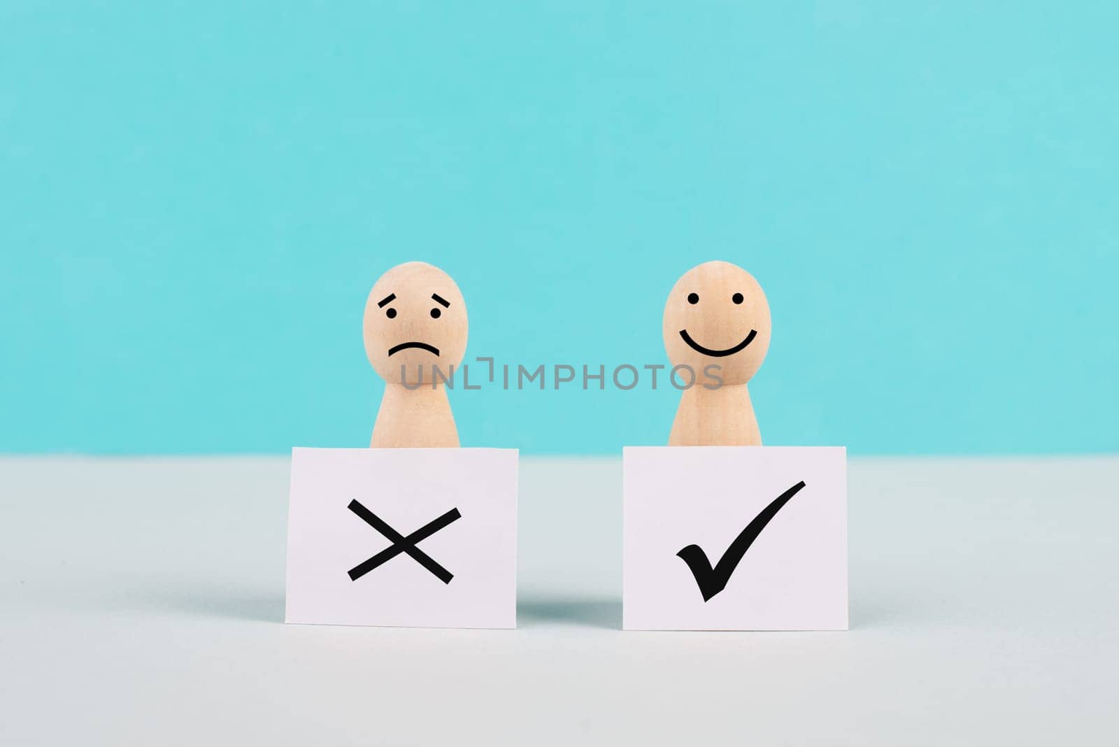 Men holding signs with a check mark and a cross, business and education concept, happy and sad face, asking questions, looking for an answer, making a decision