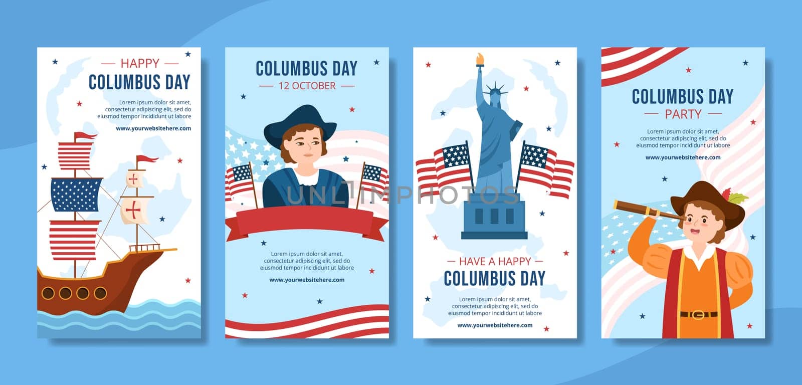 Happy Columbus Day Social Media Stories Template Hand Drawn Cartoon Flat Illustration