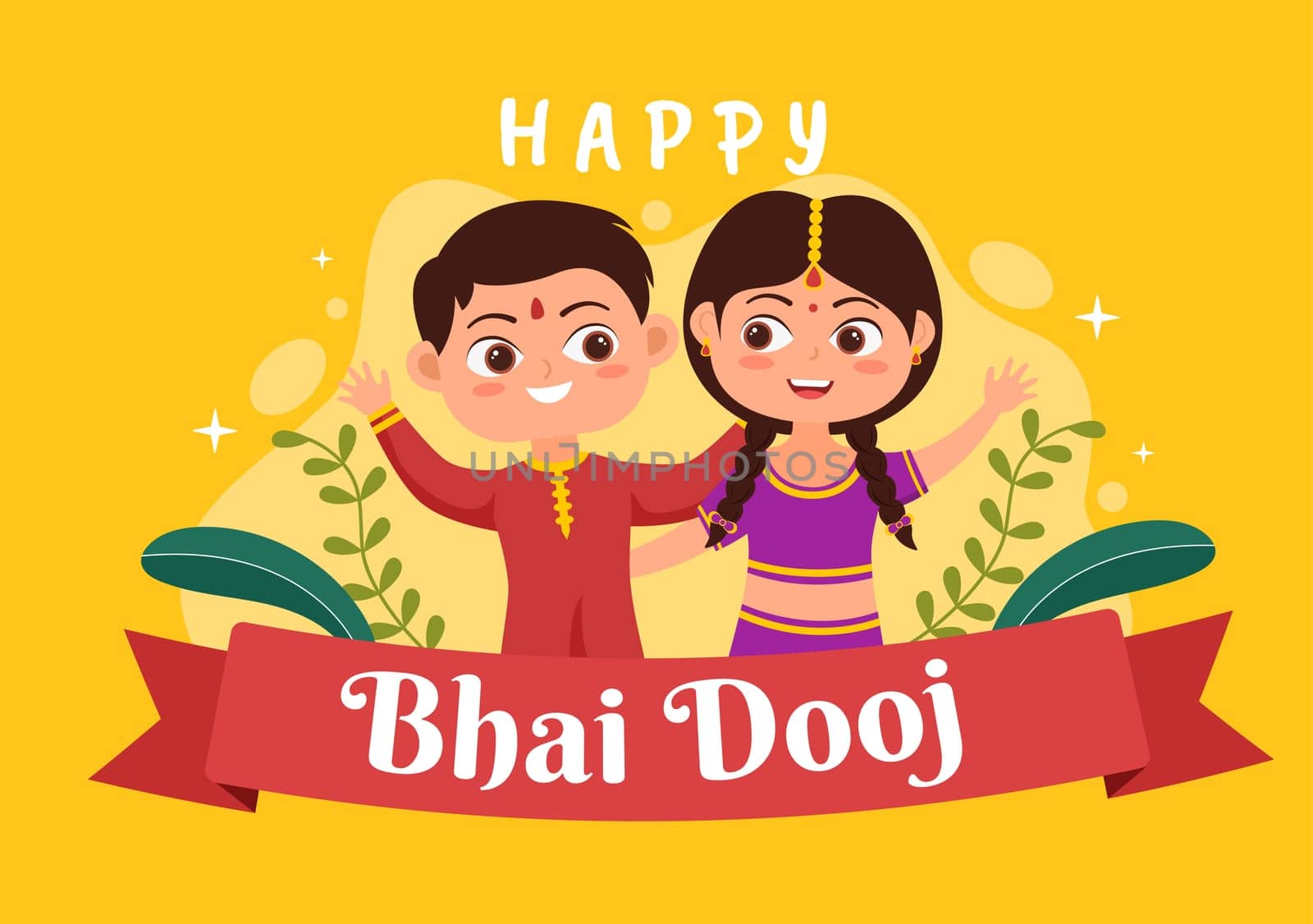 Happy Bhai Dooj Indian Festival Celebration Hand Drawn Cartoon Illustration of Sisters Pray for Brothers Protection with a Dot on His Forehead