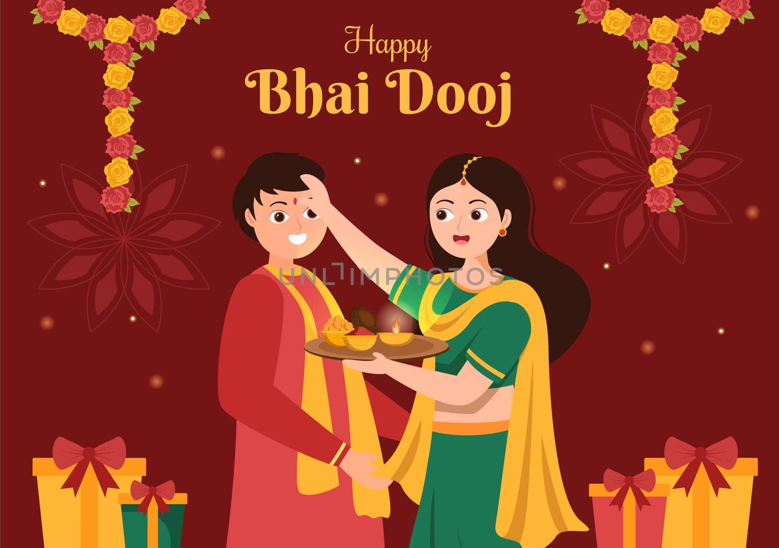 Happy Bhai Dooj Indian Festival Celebration Hand Drawn Cartoon Illustration of Sisters Pray for Brothers Protection with a Dot on His Forehead