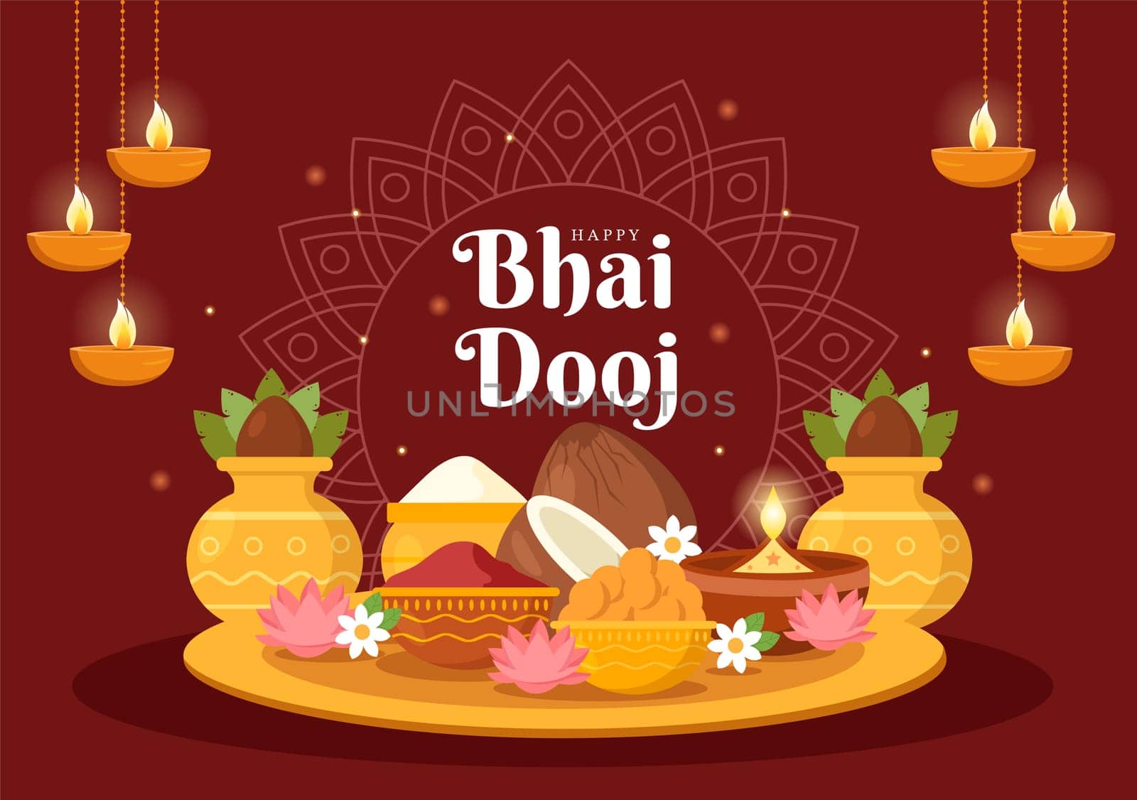 Happy Bhai Dooj Indian Festival Celebration Hand Drawn Cartoon Illustration of Sisters Pray for Brothers Protection with a Dot on His Forehead