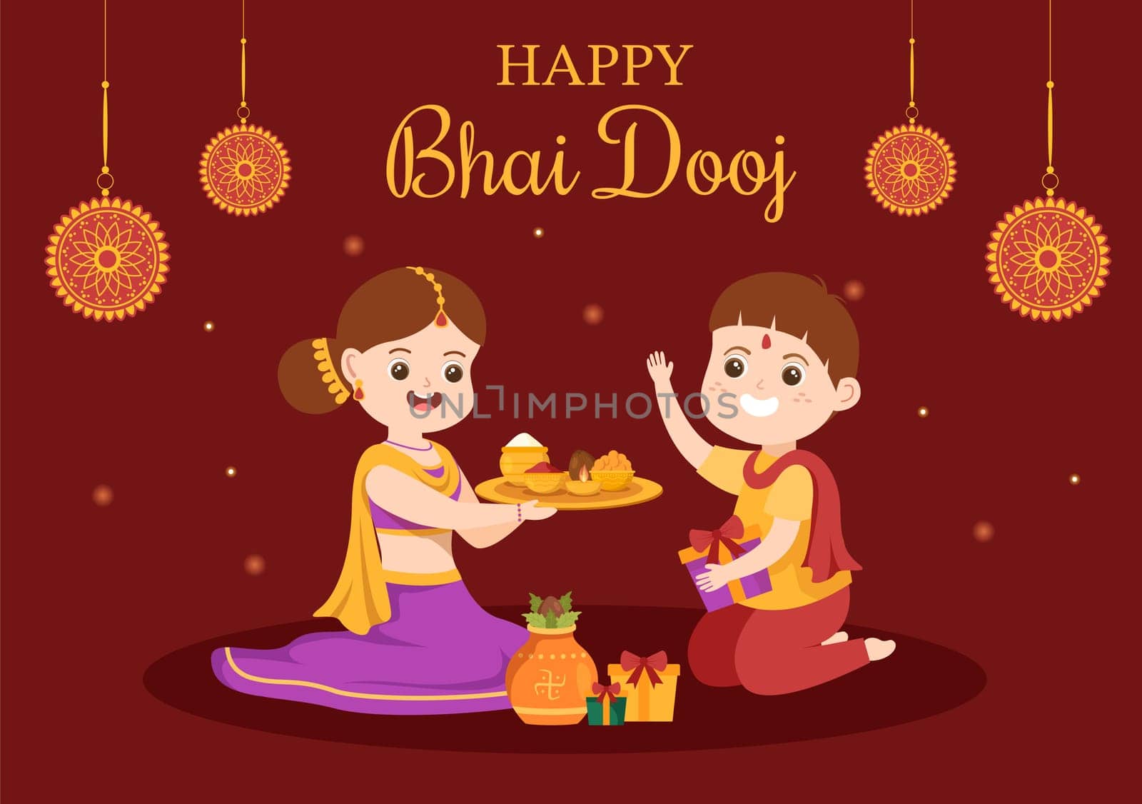 Happy Bhai Dooj Indian Festival Celebration Hand Drawn Cartoon Illustration of Sisters Pray for Brothers Protection with a Dot on His Forehead