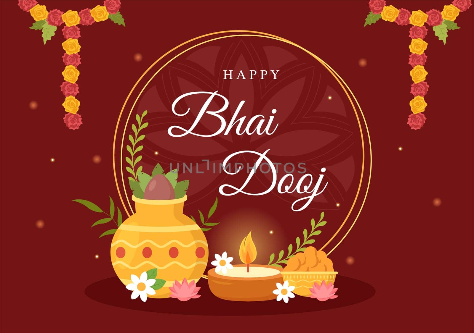 Happy Bhai Dooj Indian Festival Celebration Hand Drawn Cartoon Illustration of Sisters Pray for Brothers Protection with a Dot on His Forehead