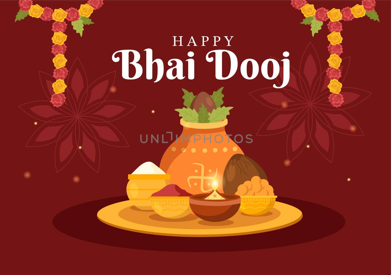 Happy Bhai Dooj Indian Festival Celebration Hand Drawn Cartoon Illustration of Sisters Pray for Brothers Protection with a Dot on His Forehead