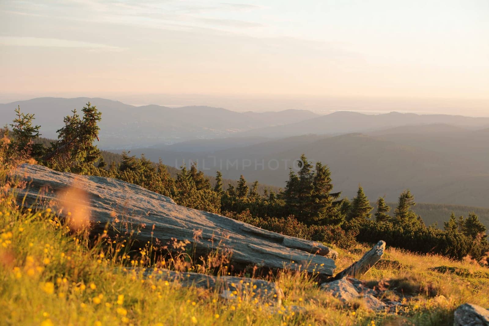 View from the Mount Praded at sunrise. Sudetes Mountains in Central Europe, Czech Republic, Moravia