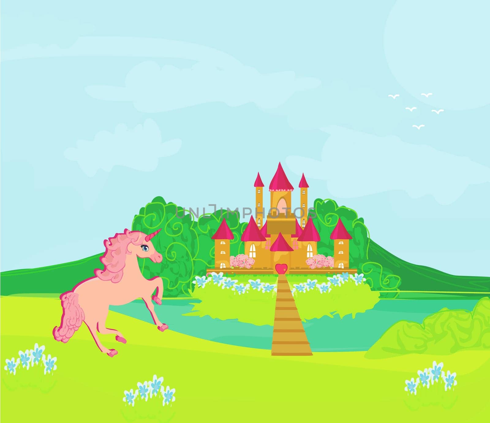 Fairytale landscape with  magic castle and pink unicorn