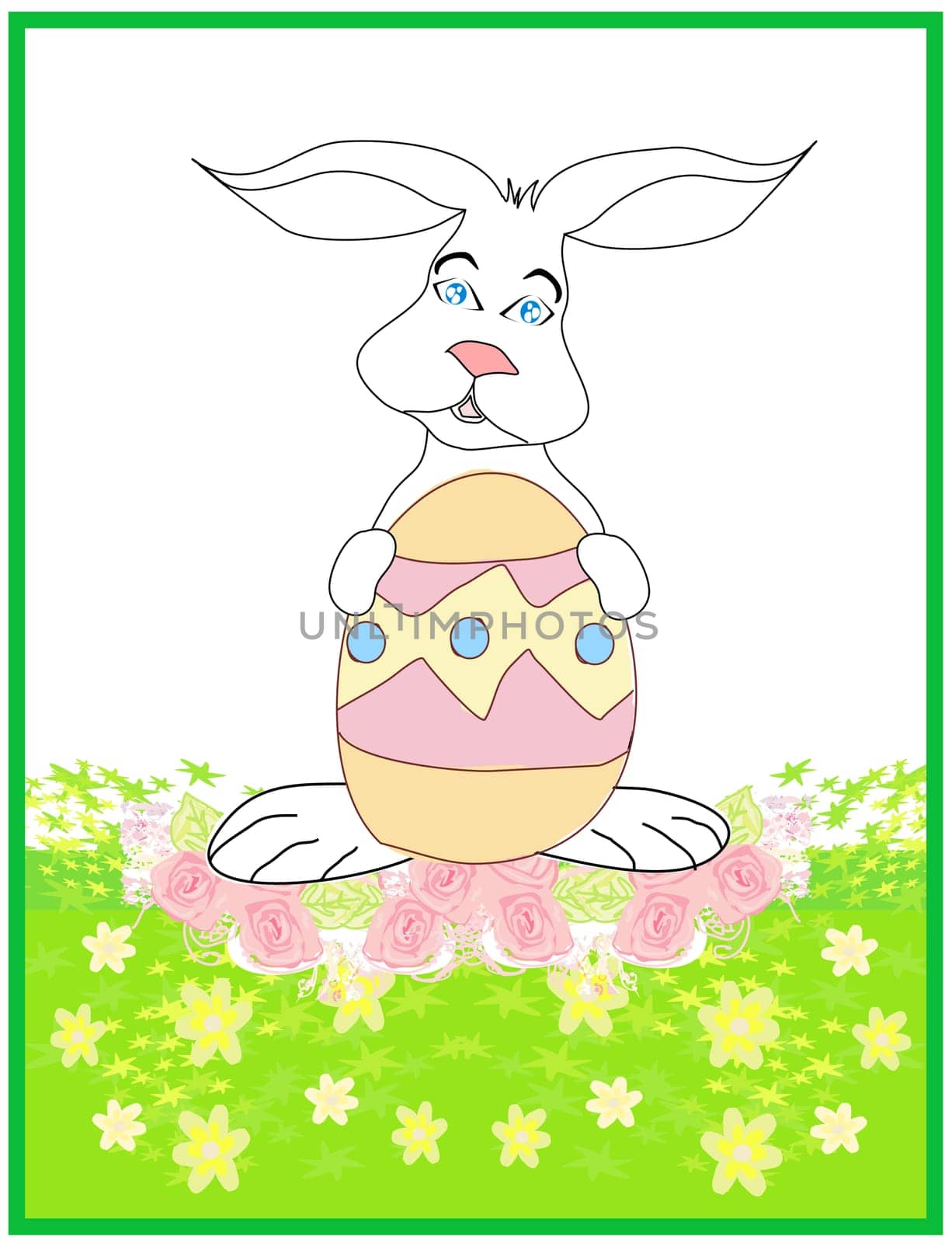 Illustration of happy Easter bunny carrying egg