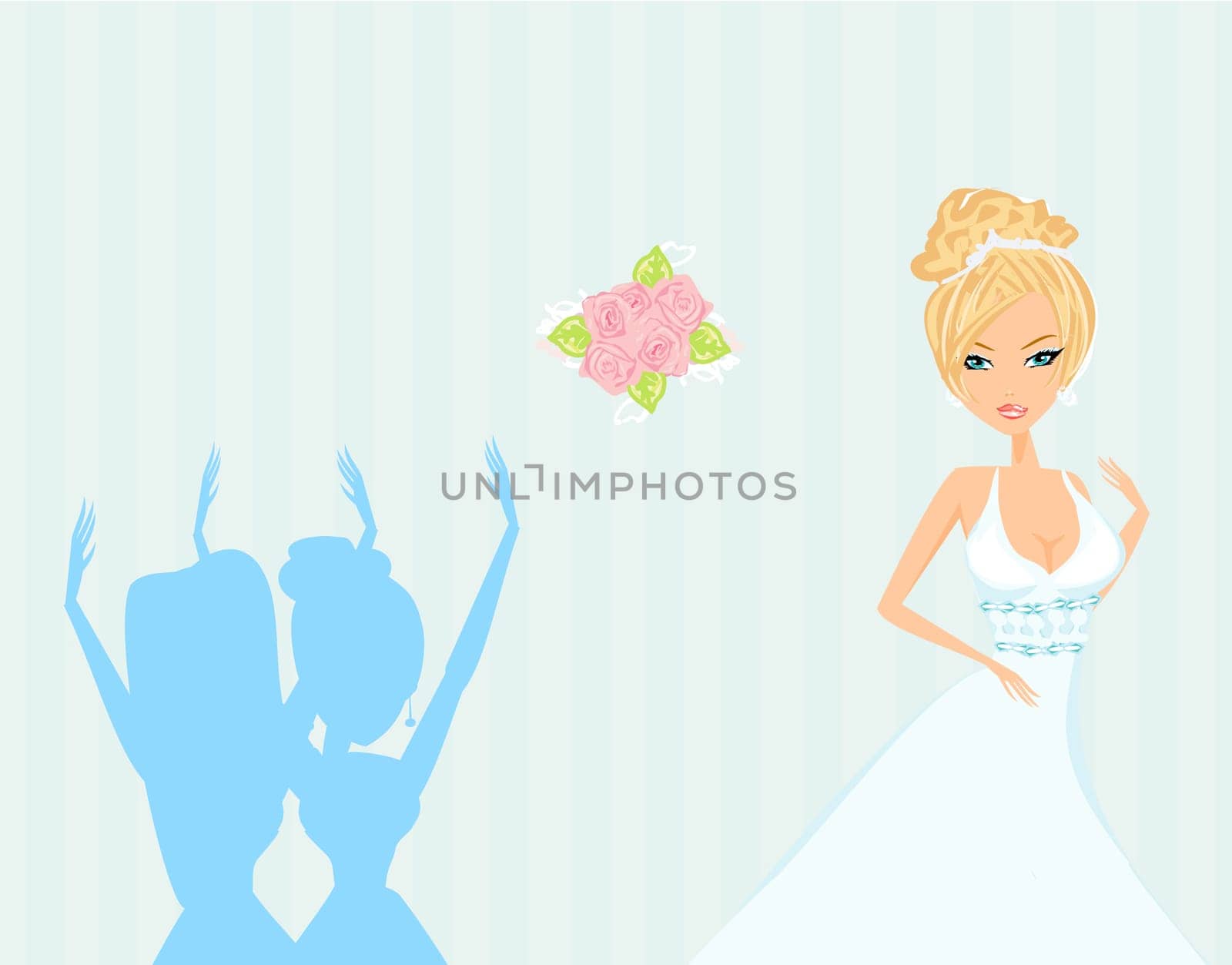 Young bride throwing wedding bouquet to bridesmaids