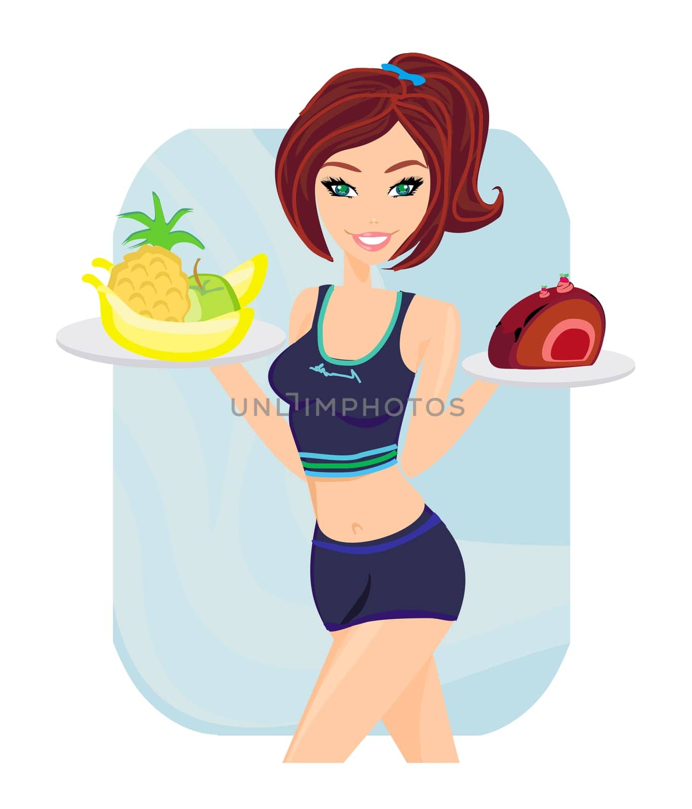 Young woman with fruits and cake