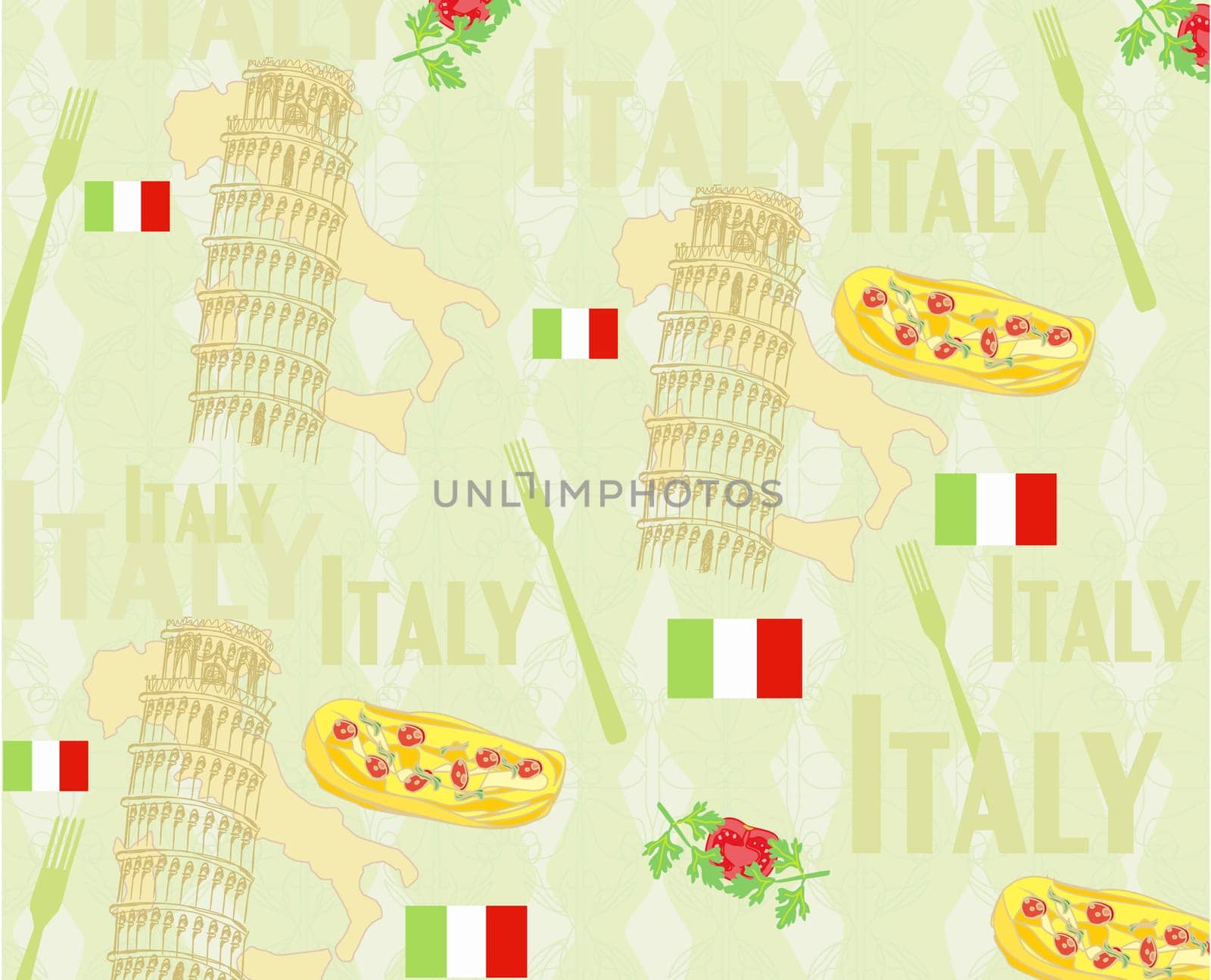 Italy travel seamless pattern with national italian food, sights, map and flag