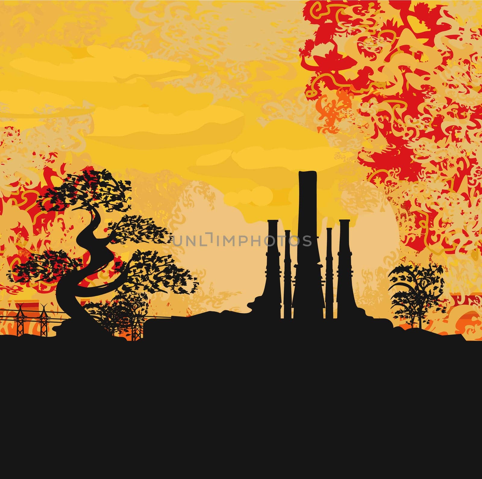 Smoking factory with tree at sunset or sunrise