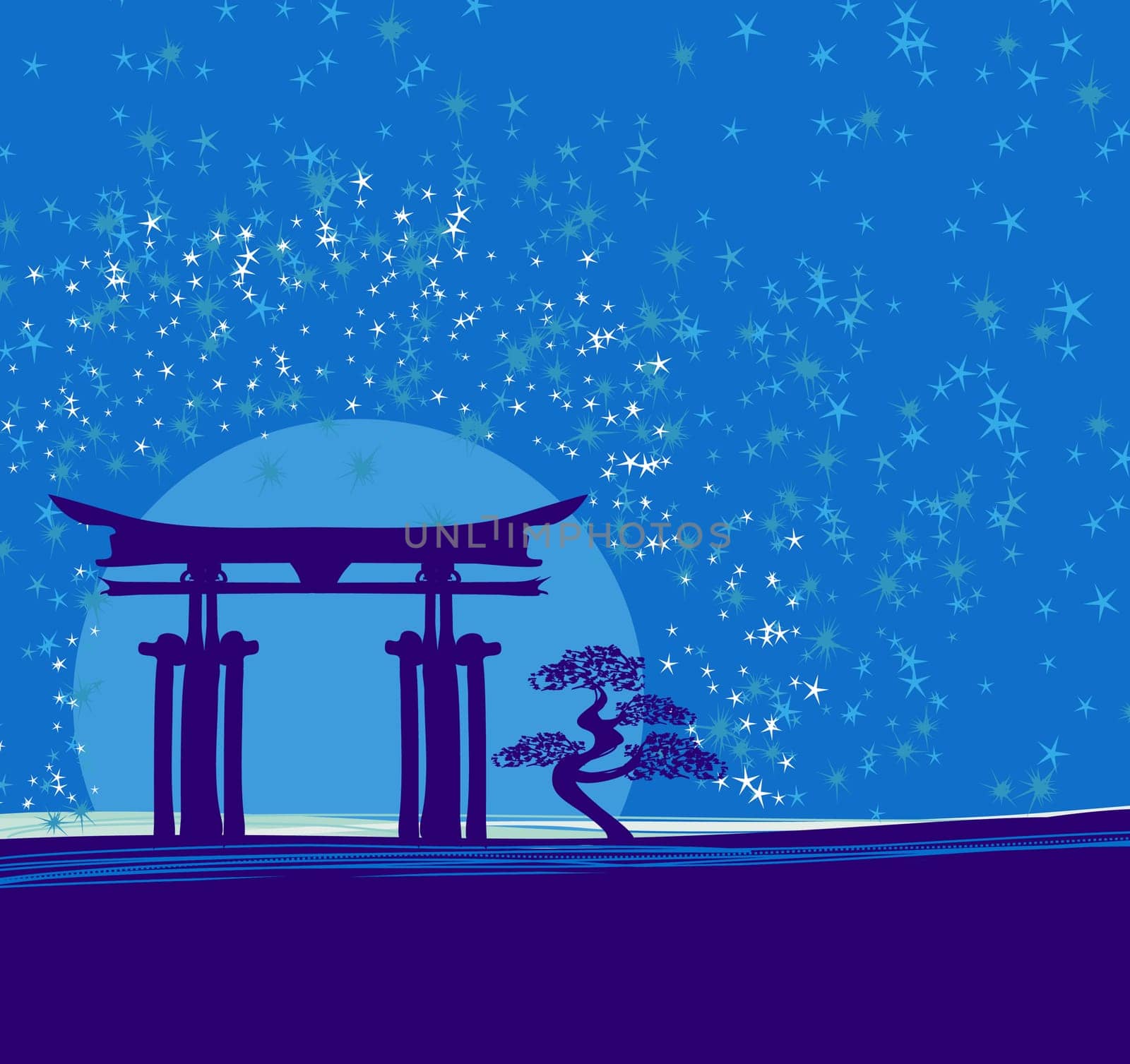 Japan gate in midnight with moon