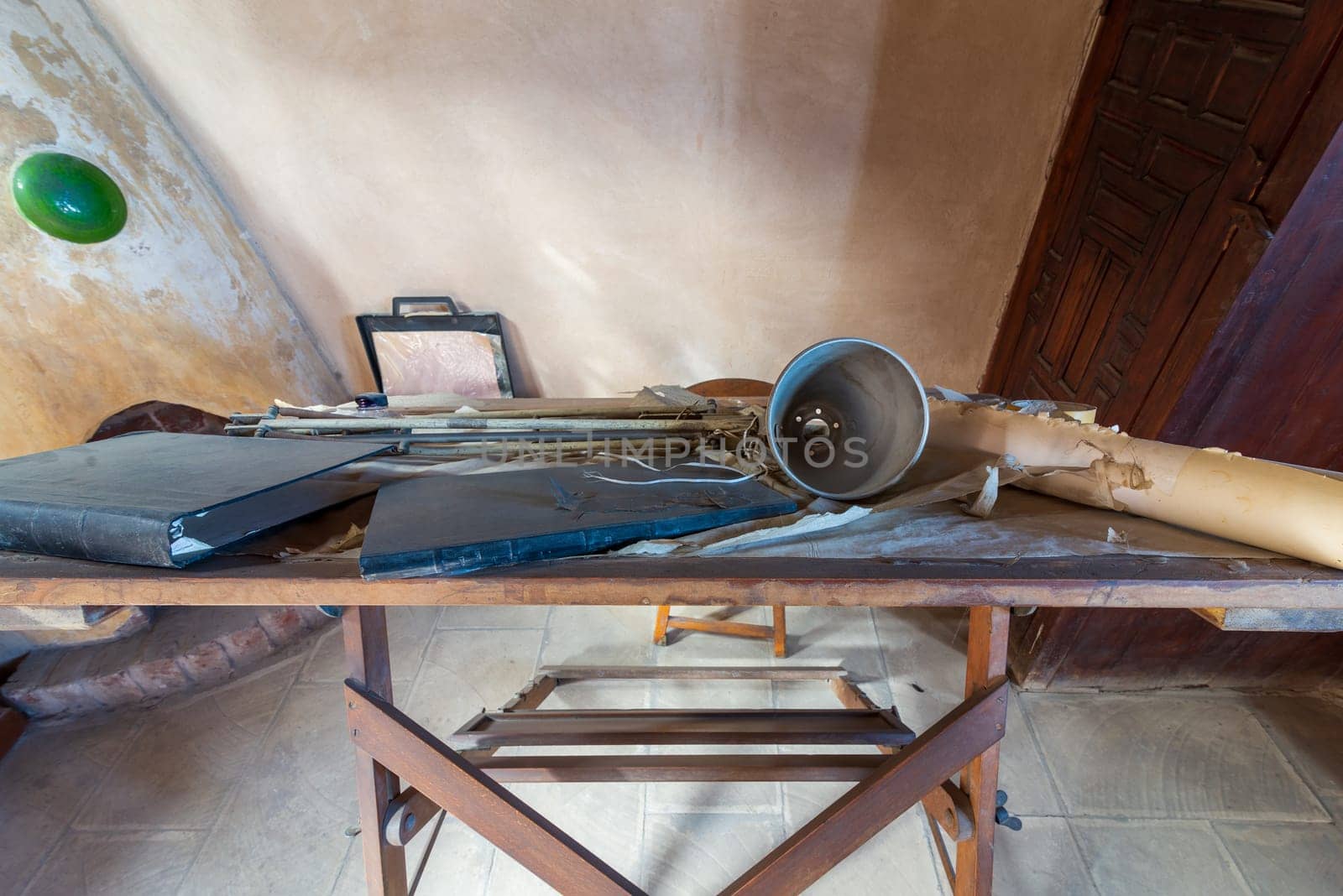 Cairo, Egypt - January 8 2019: Drawing board of late architect Hassan Fathy, Egypt's best-known architect at his architecture studio, located at ottoman era historic House of Egyptian Architecture
