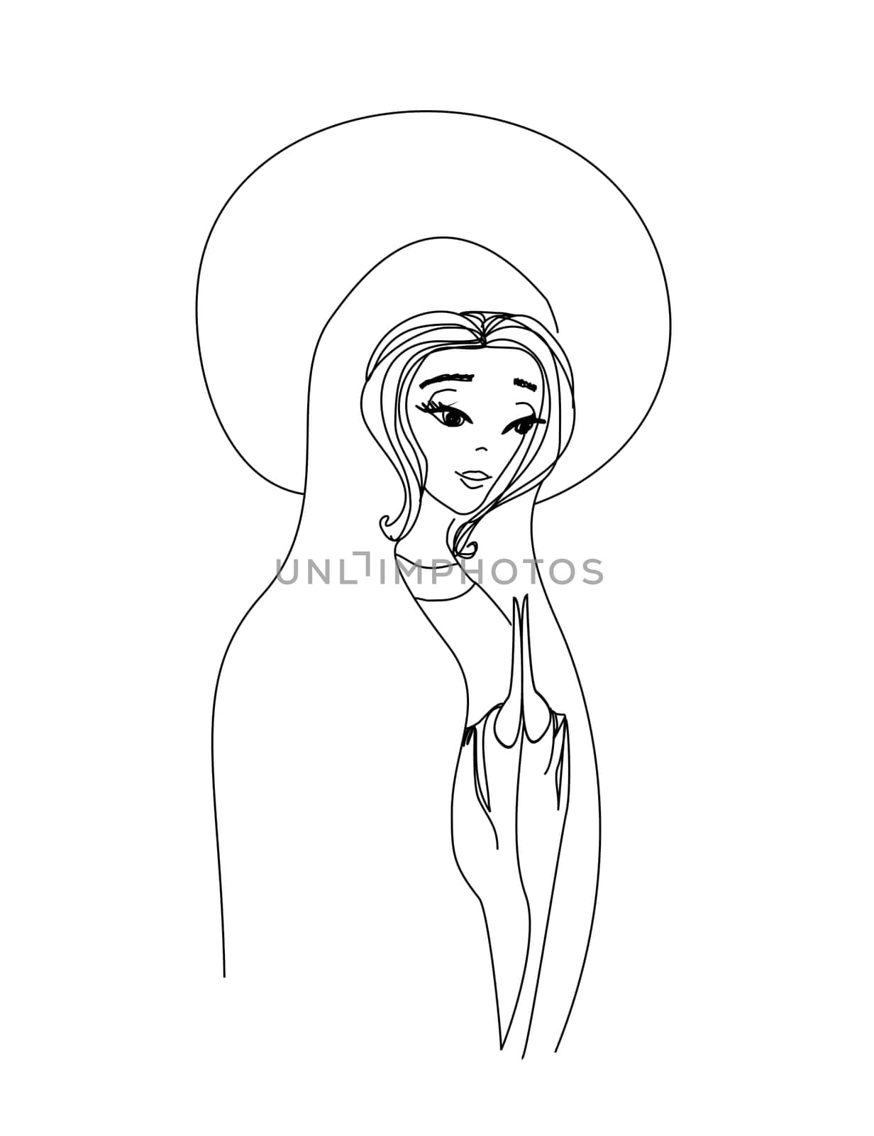 Blessed Virgin Mary in black and white contour drawing