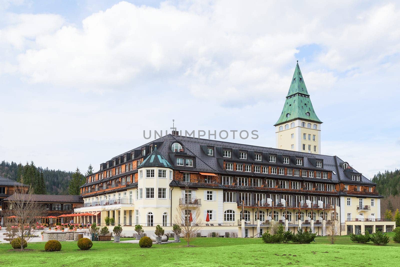 Garmisch-Partenkirchen, Germany - April 26, 2015: The 41st forum of Summit G7 in prestigious hotel Schloss Elmau will focus on the global economy as well as on key issues regarding foreign, security and development policy.
