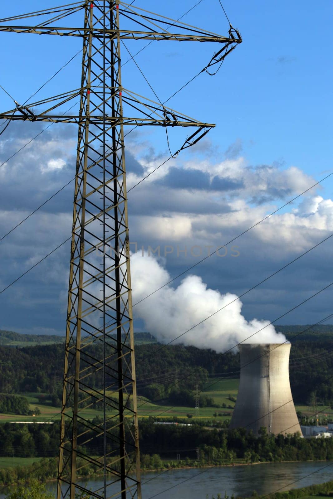 Nuclear power plant Leibstadt / Switzerland (CH) viewed from Waldshut by the German side - with 20 KV line