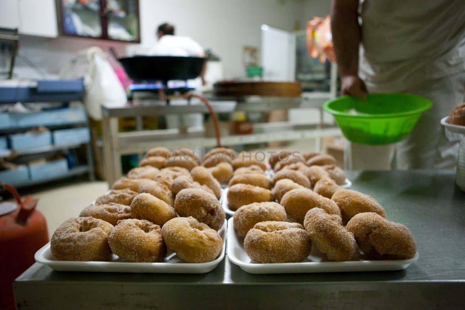 Trays of spanish typical fried donuts or roscas fritas