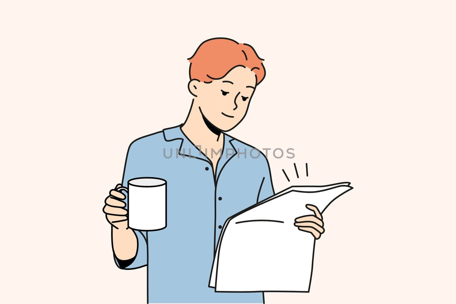 Happy young man in pyjama drinking coffee reading newspaper. Smiling male enjoy morning at home. Daily routine. Vector illustration.
