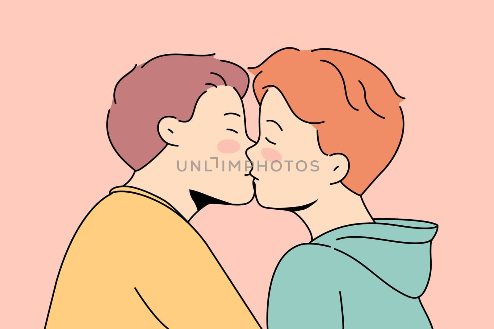 Gay couple kissing showing love and affection. Homosexual men demonstrate relationships. LGBT community, freedom of rights. Vector illustration.
