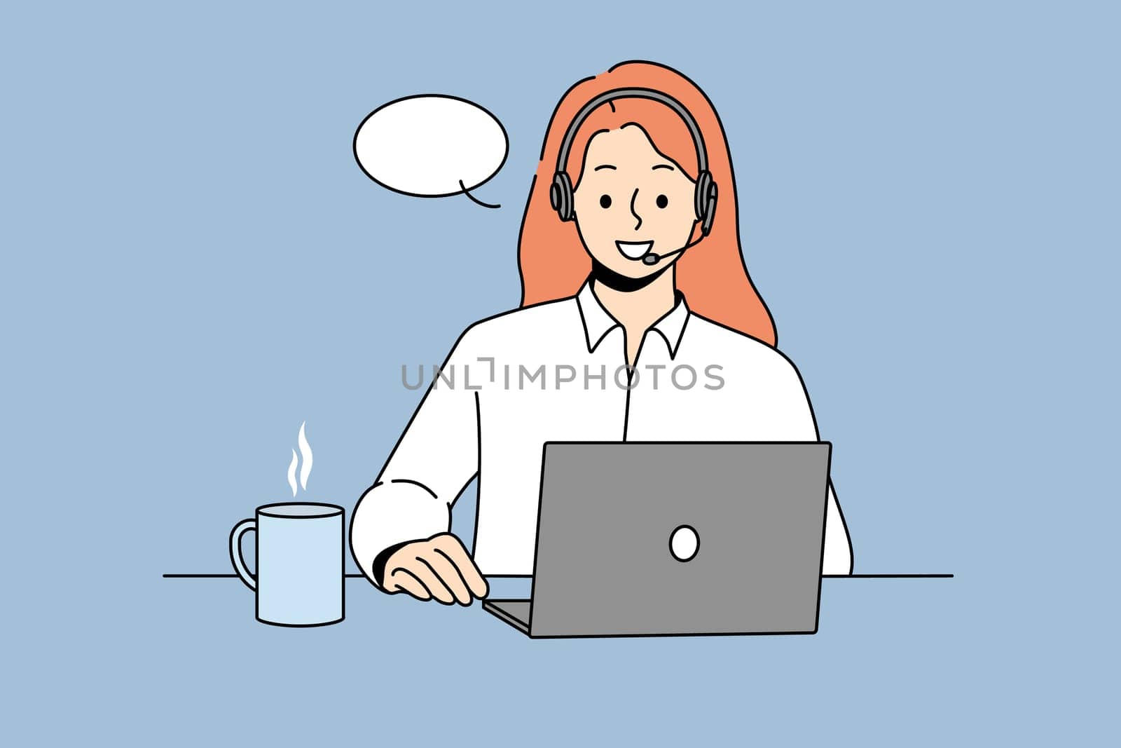 Smiling woman in headset sit ta desk talk on video call on computer. Happy female call center agent have online conversation on laptop. Vector illustration.