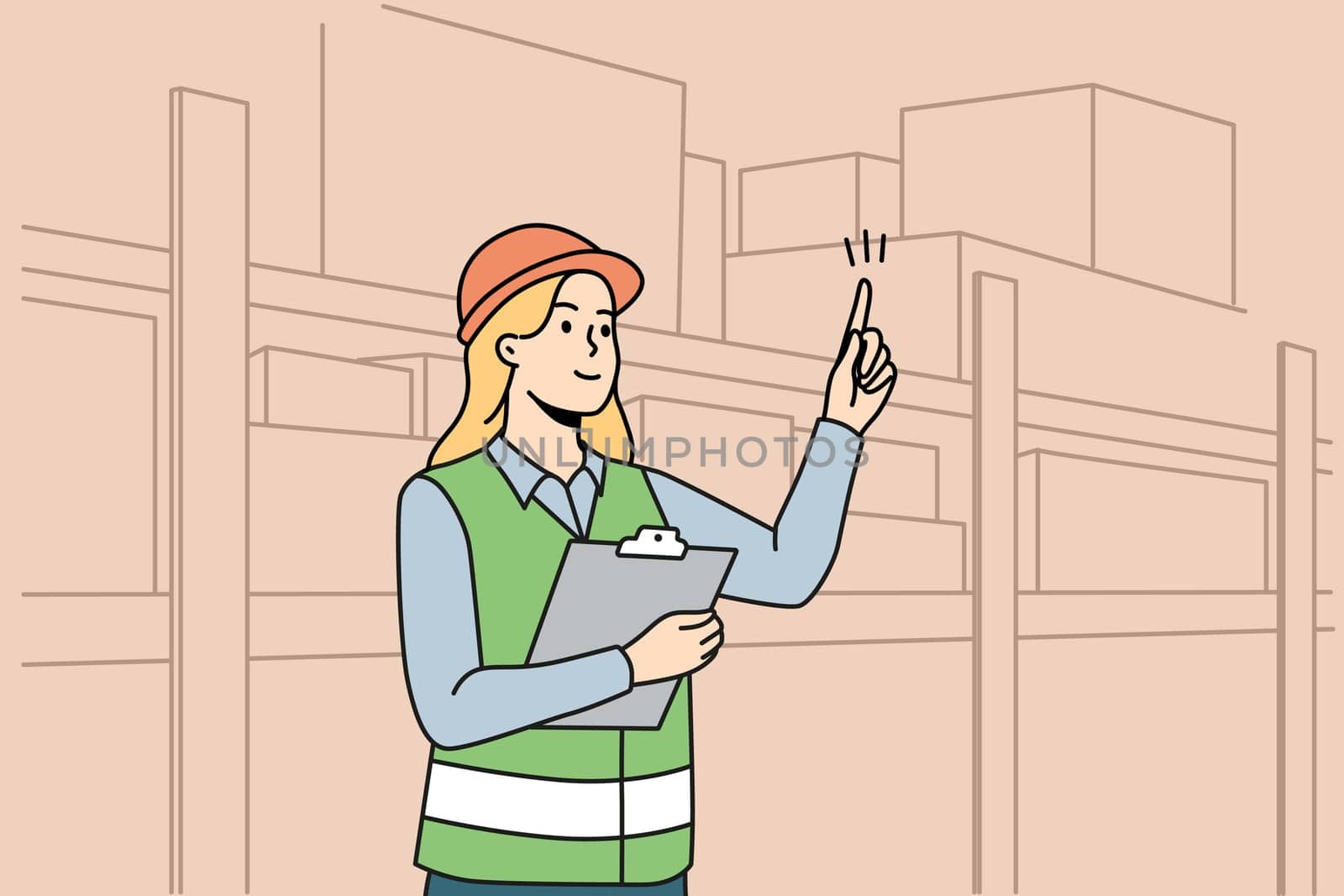 Woman engineer in uniform working at warehouse. Female employee in helmet busy at depot or storehouse. Vector illustration.