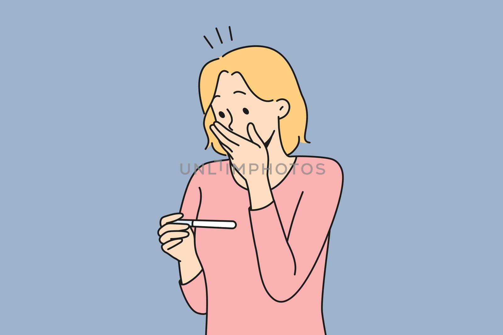 Stunned woman looking at test get to know about pregnancy. Surprised woman shocked with pregnancy news. Vector illustration.