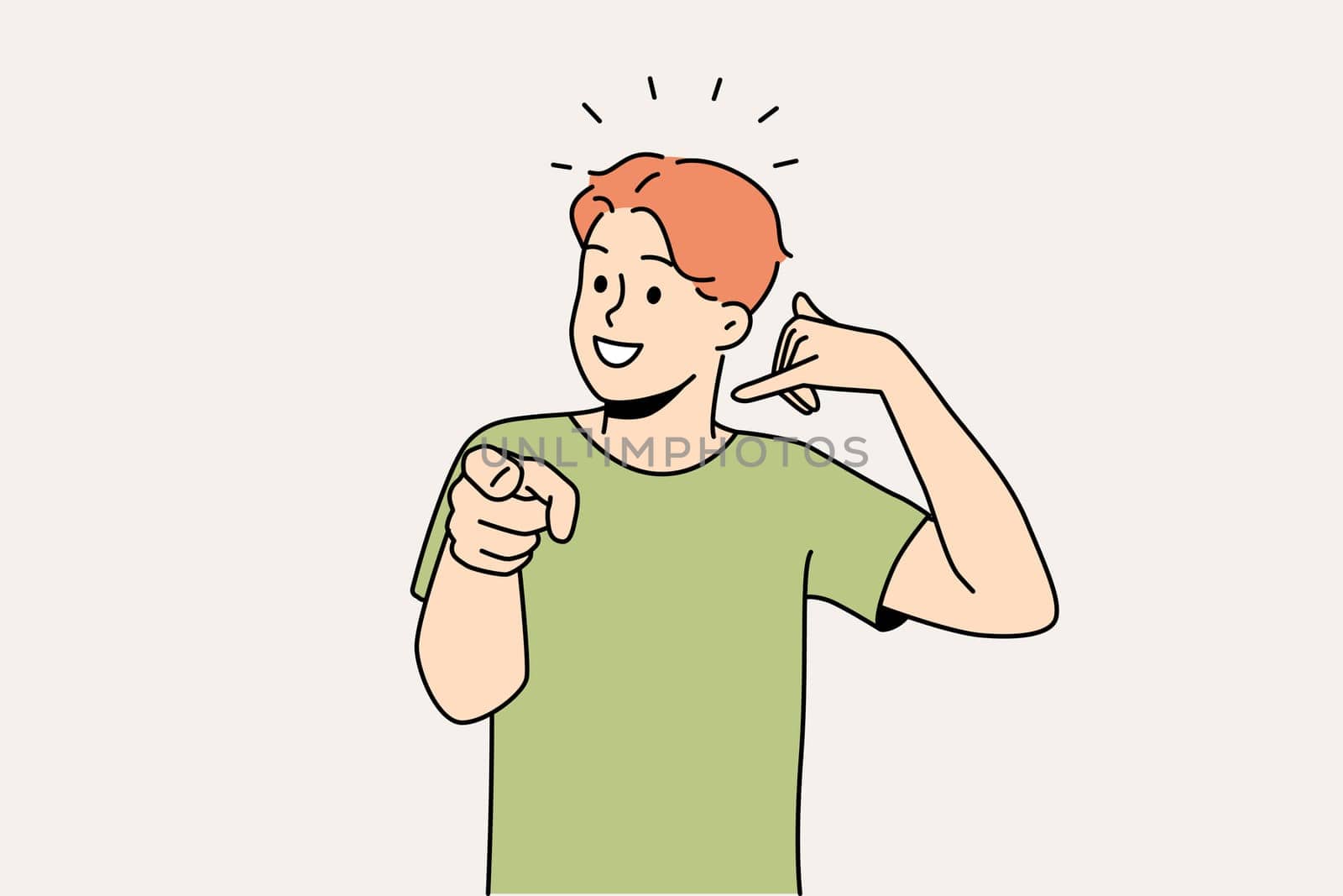 Smiling guy making hand gesture asking to call back. Happy man demonstrate callback sign. Nonverbal communication. Vector illustration.
