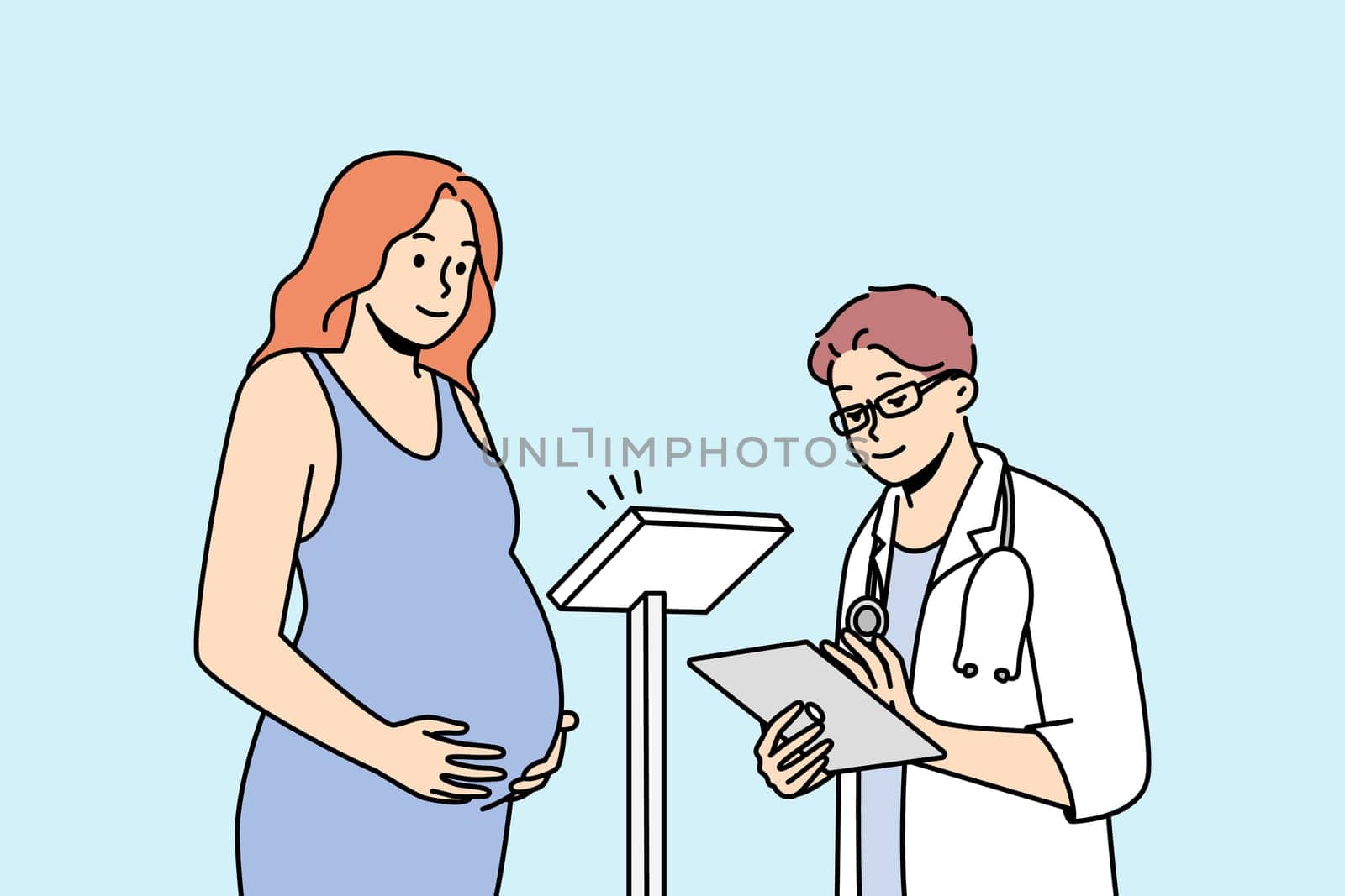 Doctor checking pregnant woman in hospital. Male GP weigh female with pregnancy at appointment in clinic. Healthcare and medicine. Vector illustration.