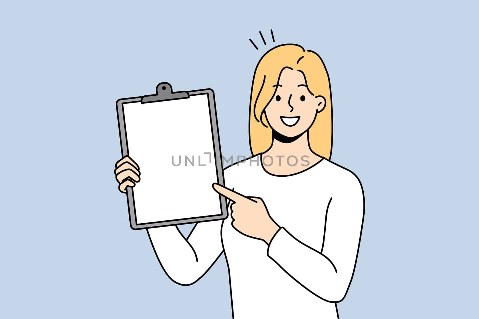 Smiling businesswoman showing folder with white mockup paper. Happy woman employee demonstrate paperwork completed task at workplace. Vector illustration.