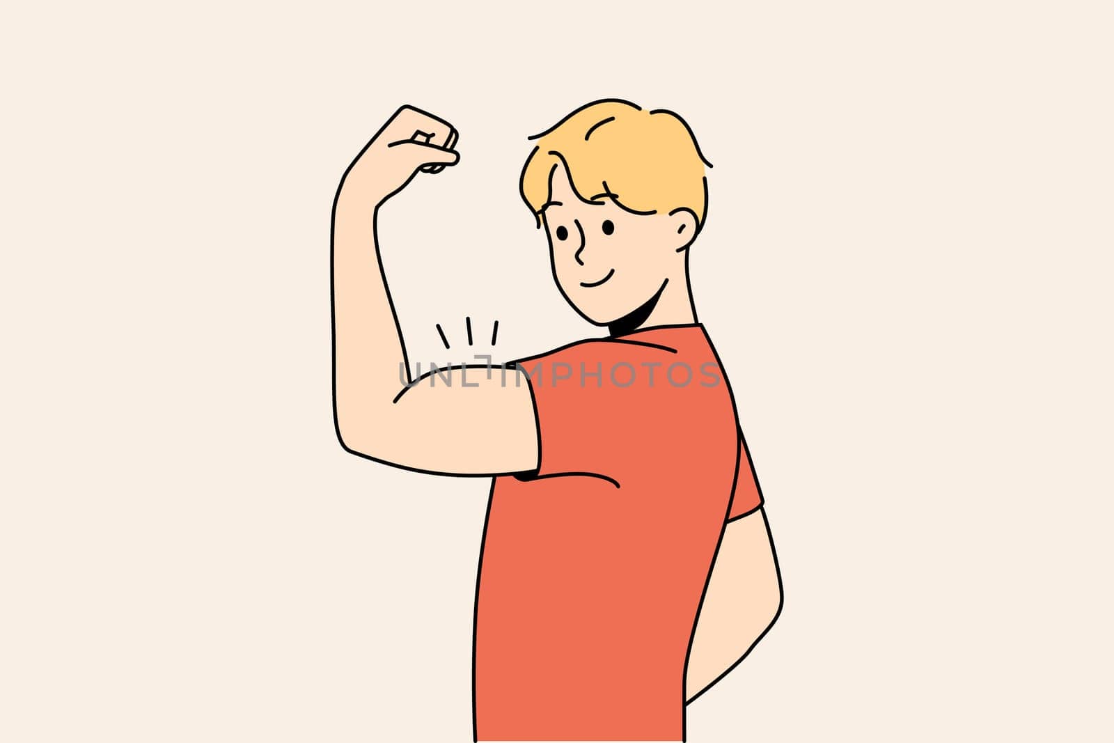 Smiling young man showing muscles. Happy healthy guy demonstrate muscular toned body. Sport and physical activity. Vector illustration.
