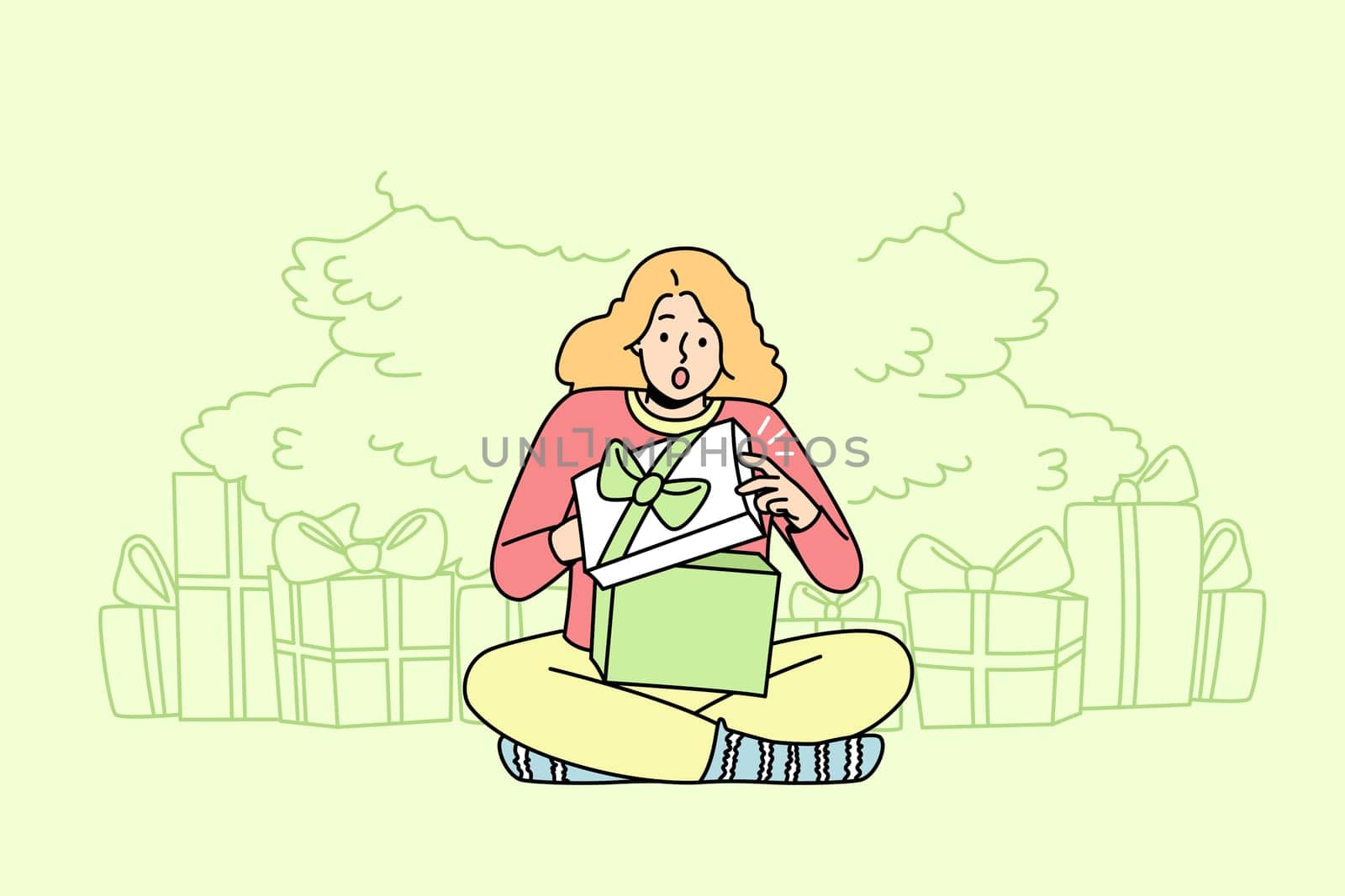 Happy child sitting near fir-tree open presents on Christmas Eve. Smiling kid feel joyful unpacking gift boxes for New Year. Winter holidays. Vector illustration.